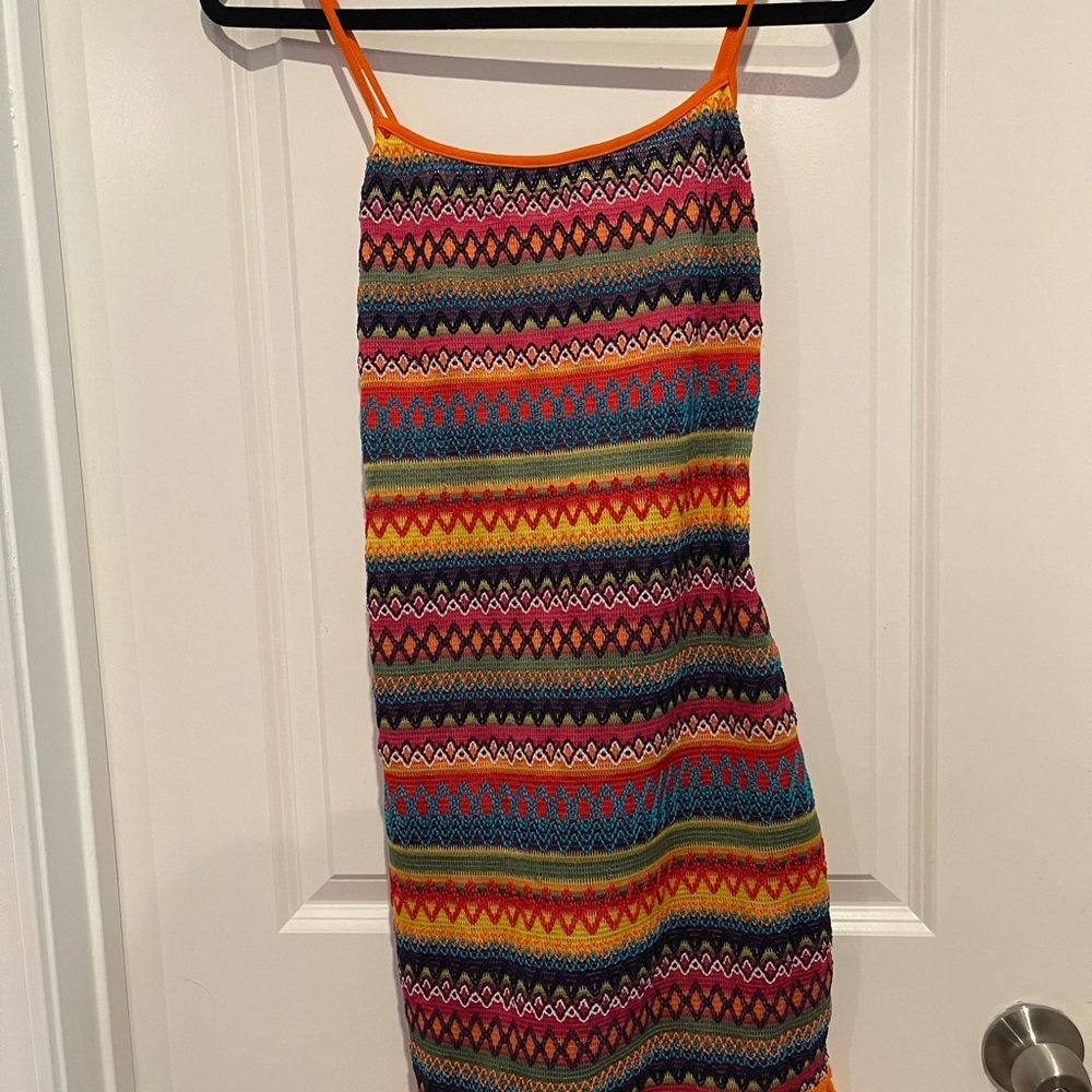 SHEIN Multicolor Striped Knit Dress with Orange Trim